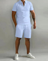 Herren Zweiteiliges Set Poloshirt mit Reißverschluss und kurze Hose in Hellblau