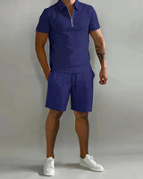 Herren Zweiteiliges Set Poloshirt mit Reißverschluss und kurze Hose in Marineblau