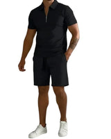 Herren Zweiteiliges Set Poloshirt mit Reißverschluss und kurze Hose in Schwarz