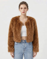 Damen Luxus Kunstpelz Jacke in Dunkelcurry