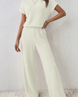 ElevenOra Stilvoller Cremeweißer Reißverschluss-Stehkragen Oversized Kurzarmpullover & Weitbeinige Hose - Geripptes Strick-Zweiteiliges Ensemble in Cremeweiß