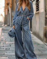 Nadia | Denim-Jumpsuit mit Taillenkordel und langen Ärmeln in Blau