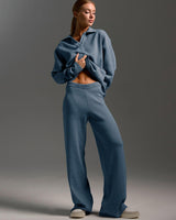 Damen Lounge Set mit Weitbein Hose und Polo Pullover in Blau