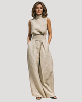 Ilaria | Damen Zweiteiler Rollkragen Oberteil Weite Hose Set in Khaki
