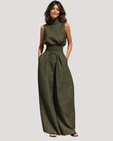 Ilaria | Damen Zweiteiler Rollkragen Oberteil Weite Hose Set in Militärgrün