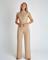 Hannah | Weites Bein Ärmellos Jumpsuit in Beige