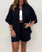Damen Sommer Geknöpft Hemd und Shorts Zweiteiler Set in Schwarz