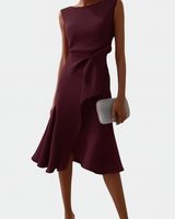 Olga | Asymmetrisch Ärmellos Midikleid in Burgunderrot