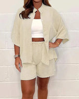 Damen Sommer Geknöpft Hemd und Shorts Zweiteiler Set in Beige