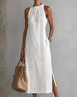 Jimena | Damen Midi-Kleid aus Leinen – Leinen Midikleid Sommer in Weiß