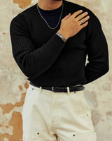 Herren Rippenpulli Slim Fit Rundhalsausschnitt - Alvaro in Schwarz