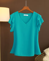 Leichte Chiffonbluse für Damen mit Rüschenärmeln und V-Ausschnitt - Elvira in Blau