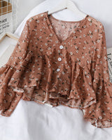 Damen Bluse aus geblümtem Chiffon mit Rüschen fließendem Schnitt - Isadora in Braun