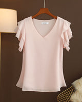Leichte Chiffonbluse für Damen mit Rüschenärmeln und V-Ausschnitt - Elvira in Rosa