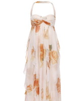 Langes Kleid aus Chiffon mit Blumendruck und offenem Rücken - Camille in Blumen