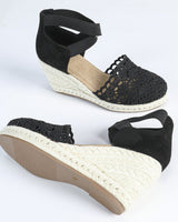 Espadrilles für Frauen handgefertigte Spitze mit Jute-Keil - Camila in Schwarz