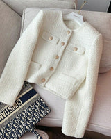 Damen Kurzblazer Bouclé Schmuckknöpfe elegant - Noelle in Beige