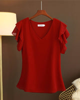 Leichte Chiffonbluse für Damen mit Rüschenärmeln und V-Ausschnitt - Elvira in Rot