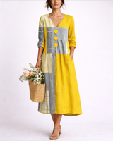 Ingeborg | Damen V-Ausschnitt Patchwork Midi Kleid in Gelb