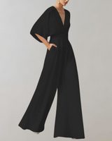 Iolanthe | Damen Wide Leg V-Ausschnitt Jumpsuit in Schwarz