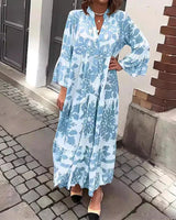 Isolde | Damen Blumenmuster Langarm Midi Kleid in Blau