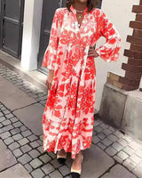 Isolde | Damen Blumenmuster Langarm Midi Kleid in Rot