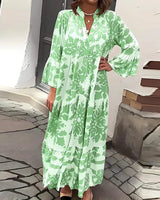 Isolde | Damen Blumenmuster Langarm Midi Kleid in Grün