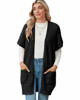 Jade | Damen Lange Strickjacke mit Taschen und ohne Verschluss in Schwarz