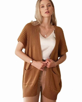 Jade | Damen Lange Strickjacke mit Taschen und ohne Verschluss in Braun