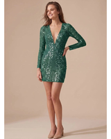 Janina | Damen Pailletten Cocktailkleid mit Langarm, V-Ausschnitt und kurzer Länge in Grün