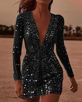 Janina | Damen Pailletten Cocktailkleid mit Langarm, V-Ausschnitt und kurzer Länge in Schwarz