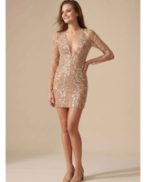 Janina | Damen Pailletten Cocktailkleid mit Langarm, V-Ausschnitt und kurzer Länge in Braun