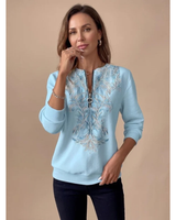 Janina | Damen Pullover mit Reißverschluss und Blumenmuster in Blau