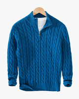 Strickpullover mit Zopfmuster und halbem Reißverschluss – Anselme in Himmelblau
