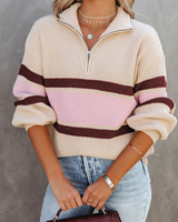 Damenpullover mit Rippstrick, hohem Kragen und halbem Reißverschluss – Ylva in Beige