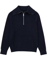 Damenpullover mit Streifen, halbem Reißverschluss und Stehkragen – Holly in Marineblau