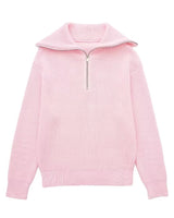 Damenpullover mit Streifen, halbem Reißverschluss und Stehkragen – Holly in Rosa