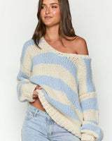 Oversize-Pullover für Damen mit Streifen und freien Schultern – Frida in Blau
