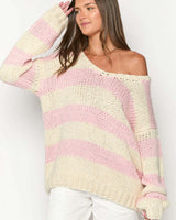 Oversize-Pullover für Damen mit Streifen und freien Schultern – Frida in Rosa
