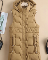 Jette | Damen Steppweste mit Kapuze und Langem Schnitt in Khaki
