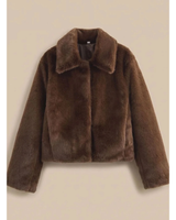 Jolene | Damen Brauner Kunstpelzmantel mit Kragen und Langarm in Dunkelbraun