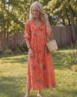 Josefine | Damen Blumen Maxikleid mit 3/4 Ärmeln in Orange