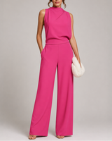 Josefine | Damen Ärmellos Mock Neck Weites Bein Jumpsuit in Rosa