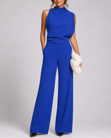 Josefine | Damen Ärmellos Mock Neck Weites Bein Jumpsuit in Blau