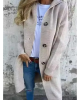 Josefine | Damen Strickjacke mit Kapuze, Knöpfen und langer Form in Beige