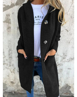 Josefine | Damen Strickjacke mit Kapuze, Knöpfen und langer Form in Schwarz