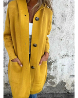 Josefine | Damen Strickjacke mit Kapuze, Knöpfen und langer Form in Gelb
