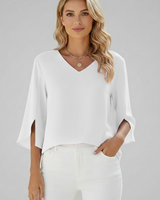 Josefine | Damen V-Ausschnitt 3/4 Arm Bluse in Weiß