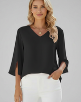 Josefine | Damen V-Ausschnitt 3/4 Arm Bluse in Schwarz