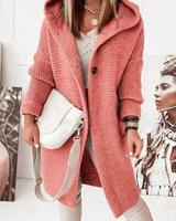 Josie | Damen Lange Strickjacke mit Kapuze, Knöpfen und Struktur in Rot